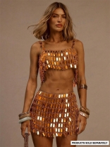 Orange Two Pieces Sequins Chains Sexy Hollow Out Party Mini Skirt Sets