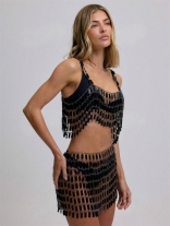 Black Two Pieces Sequins Chains Sexy Hollow Out Party Mini Skirt Sets