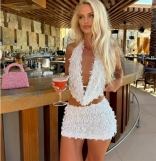 White Two Pieces Sequins Tassels Halter V Neck Crop Tops Bodycon Mini Dress Skirt Sets