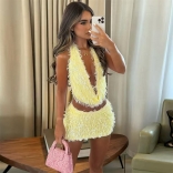 Yellow Two Pieces Sequins Tassels Halter V Neck Crop Tops Bodycon Mini Dress Skirt Sets