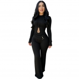 Black Long Sleeve Knitted Cut Out Bodycon Fashion Casual Sexy Jumpsuits