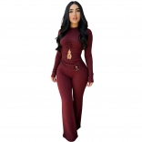 Wine Red Long Sleeve Knitted Cut Out Bodycon Fashion Casual Sexy Jumpsuits