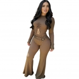 Khaki Long Sleeve Knitted Cut Out Bodycon Fashion Casual Sexy Jumpsuits