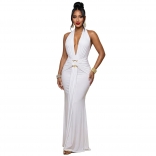 White Sleeveless Deep V Neck Halter Pleated Rings Women Evening Formal Birthday Maxi Dress