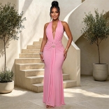 Pink Sleeveless Deep V Neck Halter Pleated Rings Women Evening Formal Birthday Maxi Dress