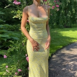 Yellow Printed Straps Low Cut Bodycon Party Vacation Long Dress