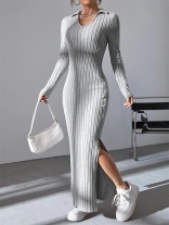 Gray Long Sleeve V Neck Knitting Bodycon Women Midi Casual Dress