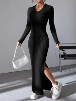 Black Long Sleeve V Neck Knitting Bodycon Women Midi Casual Dress
