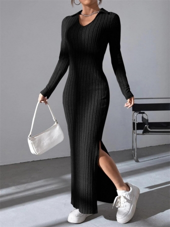Black Long Sleeve V Neck Knitting Bodycon Women Midi Casual Dress