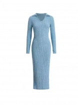 Blue Long Sleeve V Neck Knitting Bodycon Women Midi Casual Dress