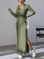 Green Long Sleeve V Neck Knitting Bodycon Women Midi Casual Dress