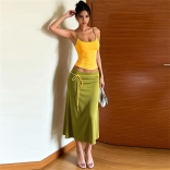 Yellow Two Pieces Straps Crop Tops Pleated Fashion Midi Dress
