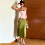 Pink Two Pieces Straps Crop Tops Pleated Fashion Midi Dress
