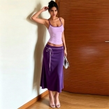 Purple Two Pieces Straps Crop Tops Pleated Fashion Midi Dress