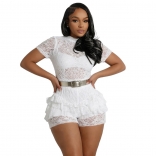 White Short Sleeve Lace See Through Bodycon Sexy Rompers