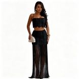 Black Straps Off Shoulder Tassels Two Pieces Bodycon Party Maxi Dress