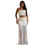 White Straps Off Shoulder Tassels Two Pieces Bodycon Party Maxi Dress