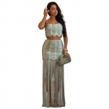 Green Straps Off Shoulder Tassels Two Pieces Bodycon Party Maxi Dress