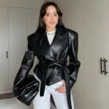 Black Long Sleeve PU Leather Casual Fashion Women Jacket Coat