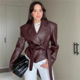 Black Long Sleeve PU Leather Casual Fashion Women Jacket Coat