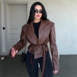 Black Long Sleeve PU Leather Casual Fashion Women Jacket Coat