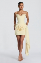 Yellow Off Shoulder Lace V Neck Fishboned Ruched Women Bodycon Club Dress