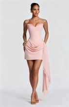 Pink Off Shoulder Lace V Neck Fishboned Ruched Women Bodycon Club Dress