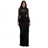 Black Mesh Diamonds Long Sleeve See Through Elegant Formal Gowns Long Dress