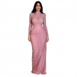 Pink Mesh Diamonds Long Sleeve See Through Elegant Formal Gowns Long Dress
