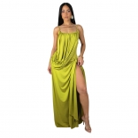 Green Straps V Neck Pleated Ruched Bodycon Split Casual Vacation Dress
