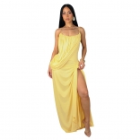 Yellow Straps V Neck Pleated Ruched Bodycon Split Casual Vacation Dress
