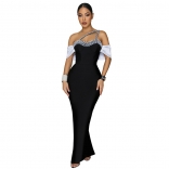 Black Straps Low Cut Pearls Bodycon Party Evening Midi Dress