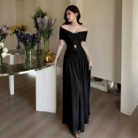 Black Off Shoulder Lace Hollow Out Sexy Luxury Women Princess Formal Birthday Long Dress