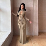 Khaki Long Sleeve Cut Out Pleated Bodycon Elegant Party Gowns Dress