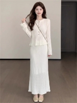 White Two Pieces Knitted Women Casual Sweet Midi Skirt Sets