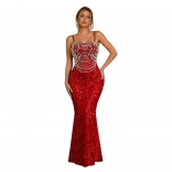 Red Sleeveless Straps Low Cut Sequins Bodycon Evening Formal Maxi Dress
