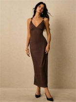 Brown Straps V Neck Knitted Pleated Sexy Prom Party Evening Midi Dress