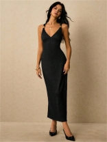 Black Straps V Neck Knitted Pleated Sexy Prom Party Evening Midi Dress