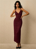 Claret Straps V Neck Knitted Pleated Sexy Prom Party Evening Midi Dress