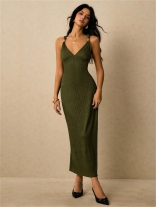 Green Straps V Neck Knitted Pleated Sexy Prom Party Evening Midi Dress
