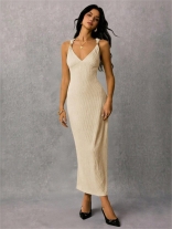 Apricot Straps V Neck Knitted Pleated Sexy Prom Party Evening Midi Dress