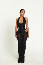 Black Sleeveless Halter V Neck Seuqins Mesh Please Bodcon Midi Dress