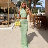Green Two Pieces Lace Hollow Out Sexy Bodycon Women Casual Maxi Skirt Dress Sets