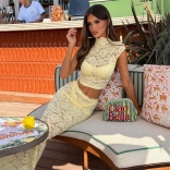 Yellow Two Pieces Lace Hollow Out Sexy Bodycon Women Casual Maxi Skirt Dress Sets