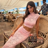 Pink Two Pieces Lace Hollow Out Sexy Bodycon Women Casual Maxi Skirt Dress Sets
