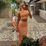 Orange Two Pieces Lace Hollow Out Sexy Bodycon Women Casual Maxi Skirt Dress Sets
