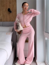Pink Two Pieces Long Sleeve Knitted Sweaters Crop Top High Waist Fashion Long Pant Sets