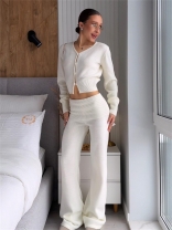 White Two Pieces Long Sleeve Knitted Sweaters Crop Top High Waist Fashion Long Pant Sets