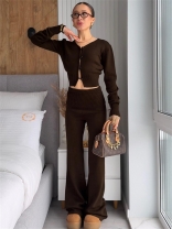 Brown Two Pieces Long Sleeve Knitted Sweaters Crop Top High Waist Fashion Long Pant Sets