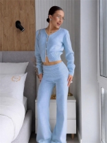 Blue Two Pieces Long Sleeve Knitted Sweaters Crop Top High Waist Fashion Long Pant Sets